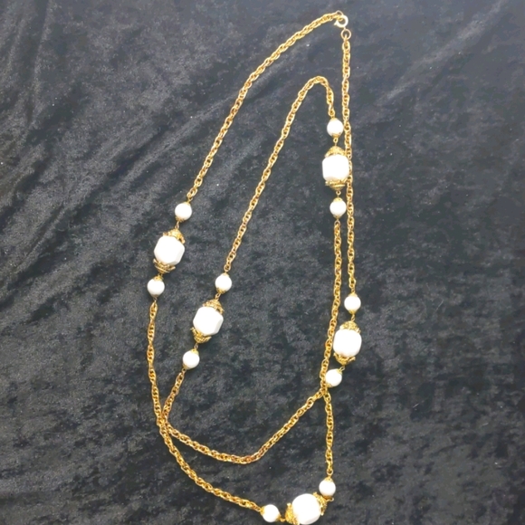 Vintage brass and white bead 58 inch necklace